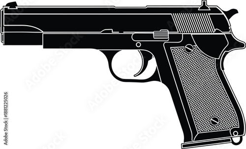 Professional semi-automatic handgun silhouette with textured grip for security and law enforcement concept, black pistol weapon icon for defense and ballistic equipment.