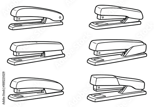 Hand drawn line art stapler set featuring various stationery items for office and school use