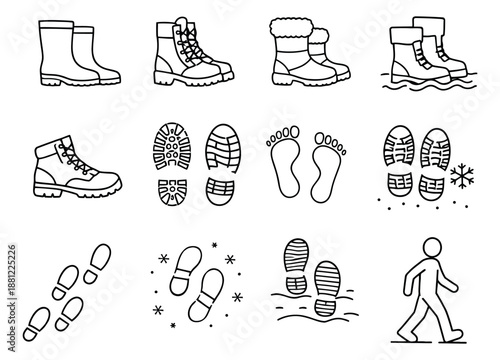 Line art boots and footprints set featuring various types of footwear, sole patterns, and walking traces for outdoor activities and seasonal concepts