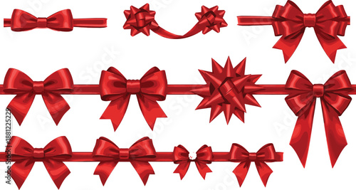 Set of realistic red silk ribbon bows and gift wrap decorative elements for Christmas holiday birthday wedding and anniversary celebration