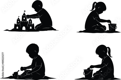 Set of black silhouettes featuring young children playing in sand and building sandcastles with buckets and shovels isolated on white background for summer vacation designs