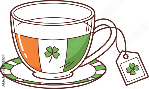 A hot cup of green tea with fresh mint leaves served in a white ceramic teacup and saucer on a cafe table for a morning breakfast beverage