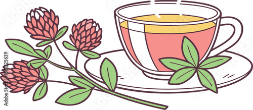 Vector illustration of a cup of tea and a cup of coffee isolated on a summer garden background with ripe red berries, green leaves, and healthy spring flowers