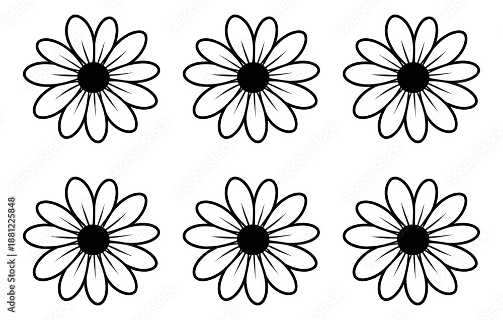 Obraz premium Hand drawn line art floral elements set featuring six identical daisy outlines for nature-themed designs