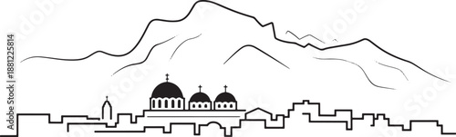 City skyline with orthodox domes ancient buildings and large mountain range sketch