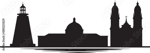 Coastal city vector skyline silhouette lighthouse cathedral and central dome architecture panorama isolated graphic