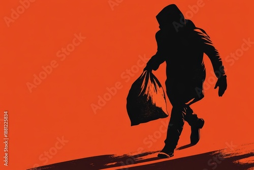 Silhouette of a person running with a bag against a vibrant background.