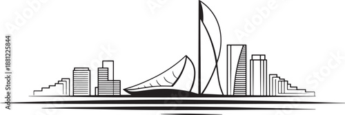 Creative urban skyline illustration with modern buildings and architectural shapes in outline