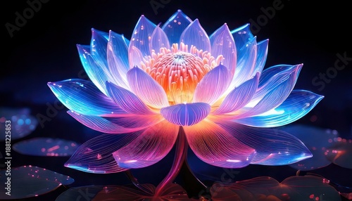 Vibrant, glowing lotus flower with neon hues on dark water
