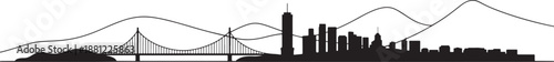 Famous suspension bridge and modern skyscrapers cityscape outline with coastal hills