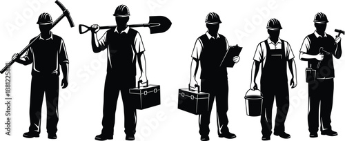 Set of Professional Construction Worker Silhouettes Carrying Tools and Equipment Isolated on White Background for Industrial Labor Engineering Building and Manual Work Graphic Design