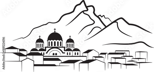 Orthodox church skyline with mountains landscape line art vector illustration of town scenery