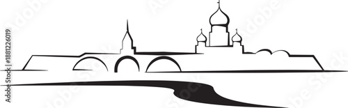 Outline of ancient russian kremlin towers and bridge over river for cityscape design