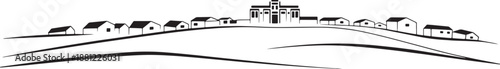 Rural village skyline with traditional houses and central communal building on hills vector