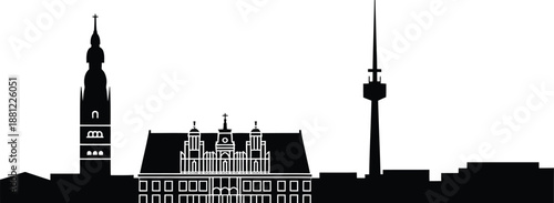 Silhouette panorama showcasing tall church steeple old town hall and modern transmission tower