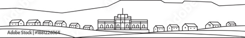 Simple line art panorama of a village landscape featuring small homes rolling hills and a large central government building