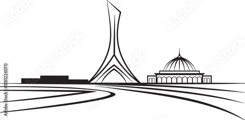 Stylized outline of modern tower and dome structure in cityscape with foreground roads