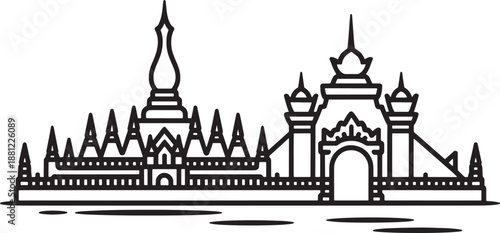 Thai temple and grand palace outline silhouette skyline design with traditional architecture