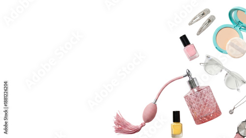 Beauty essentials: perfume, makeup, nail polish, sunglasses and hair clips on white background