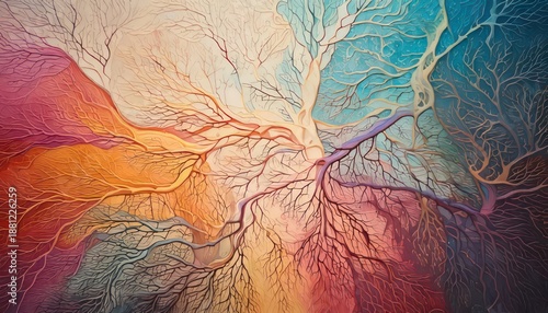 Vivid abstract artwork of a network of tree-like lines in a spectrum of colors