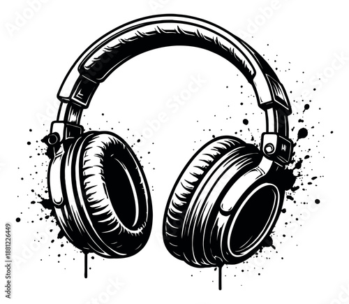 Hand drawn line art illustration of headphones depicting dynamic sound for music and audio culture