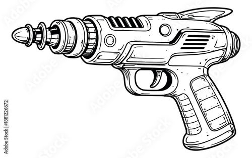 Hand drawn line art illustration of a retro ray gun depicting a futuristic weapon for sci-fi designs