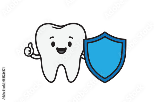 Adorable simple vector illustration of a tooth paired with a shield icon, representing strong dental protection, healthy habits, oral hygiene care, safety concept, and friendly medical design style.
