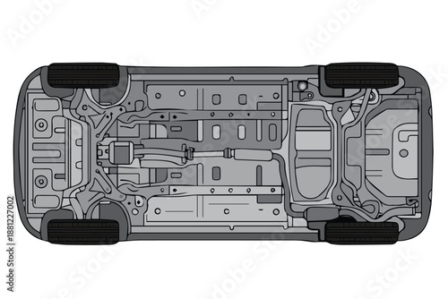 Clean vector design of the bottom view of a car, simple technical illustration representing automotive structure, engineering precision, maintenance inspection, and modern vehicle mechanical layout.