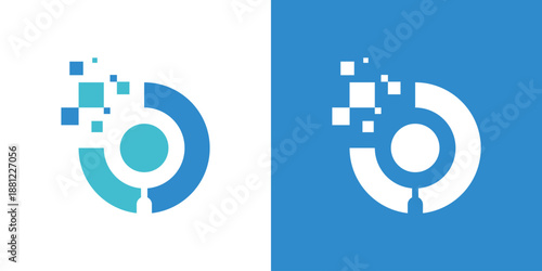 Dual meaning logo combining people and a digital magnifying glass, symbolizing data insight, analysis, research, and human-centered digital solutions.