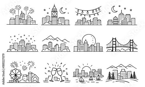 Hand drawn line art cityscapes set featuring urban skylines, famous landmarks, and festive celebrations for travel and event design