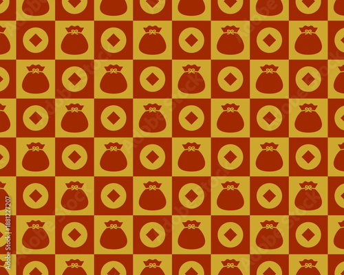 金運や縁起を象徴する小判と巾着の和風市松模様パターン背景｜正月・年賀状・和デザインに使える日本の伝統モチーフ