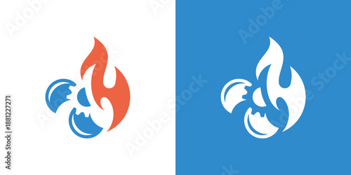 Dual meaning logo combining a fan and fire, symbolizing temperature control, ventilation, energy balance, and efficient heating or cooling solutions.