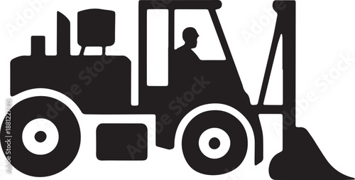 Construction machinery silhouette of heavy tractor with operator isolated on transparent grid