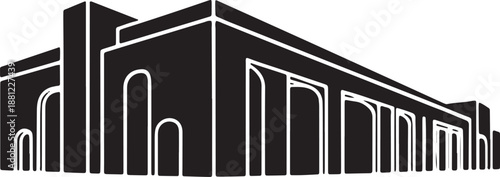 Contemporary museum building silhouette with archways and perspective isolated on background