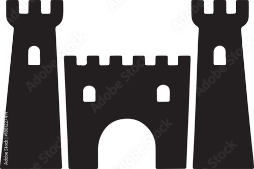 Medieval castle fortress silhouette with towers and gate isolated on transparent background icon
