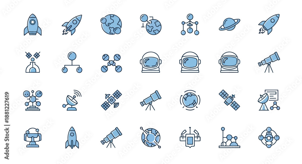 Fototapeta premium Icon set of space elements featuring rockets planets and satellites