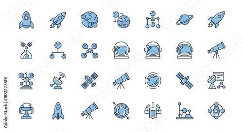 Icon set of space elements featuring rockets planets and satellites