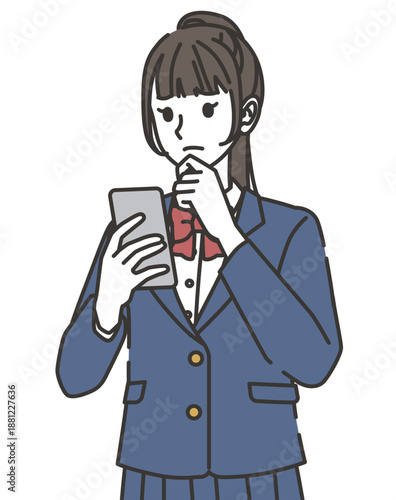 スマホを見て悩む女子高校生のイラスト