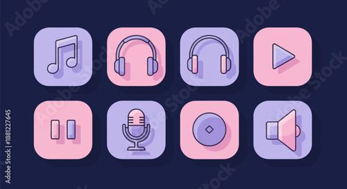 Iconic music and audio elements with minimalist design on a dark background