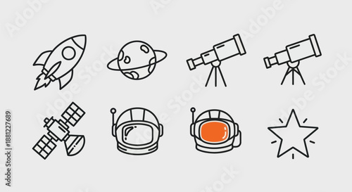 Iconic space exploration elements set rocket ship planet telescope star
