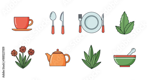 Illustrated food and beverage elements cup plate spoon herbs vector set