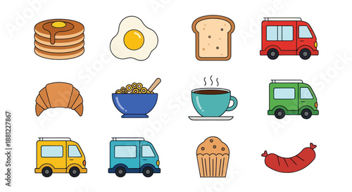 Illustrated food and transportation icons set on white background