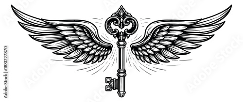 Hand drawn line art illustration of an ornate winged key depicting freedom and success for conceptual design projects