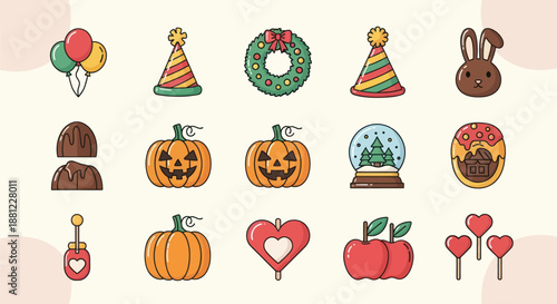 Festive icons balloons party hats wreath holiday symbols and food