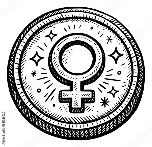 Hand drawn line art illustration of a female gender symbol depicting feminine strength for women's empowerment