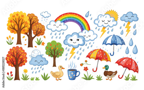 Colorful cartoon weather scene with trees rain clouds rainbow ducks and umbrellas