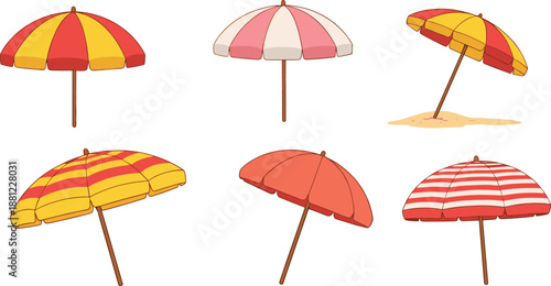 Vibrant Vector Illustration Set of Colorful Beach Umbrellas Featuring Striped Patterns and Realistic Summer Sunshade Graphics.
