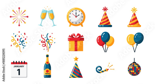 Festive icons celebrating events featuring various party elements