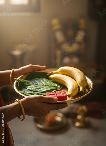 Woman Holding Traditional Hindu Offering Tray