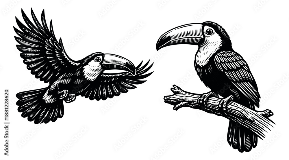 Fototapeta premium Hand drawn line art toucan set featuring a flying toucan and one perched on a branch for tropical design